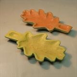 Two Oak Leaf Dishes, yellow & green, red & green by Jeremy Turner, Wood, oak