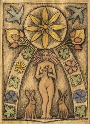 Holy Maiden Goddess of the Flowers and Fruit by Jeremy Turner, Drawing, ink and watercolour on paper