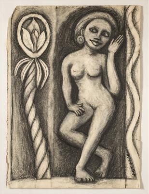 Yakshini with Flowering Tree by Jeremy Turner, Drawing, charcoal and ink on paper