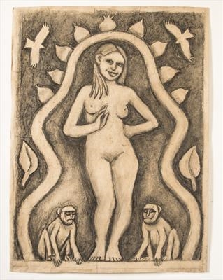 Young Woman with Monkeys attending by Jeremy Turner, Drawing, Charcoal on Paper